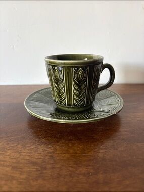 VINTAGE TAMS - MCM Olive Green Embossed Ceramic Teacup & Saucer
